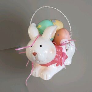 Vintage White Ceramic Bunny Planter W/ 3 Hallmark Plastic Reusable Easter Eggs